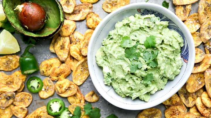 Jalapeno And Goat Cheese Guacamole With Baked Plantain Chips Floating Kitchen