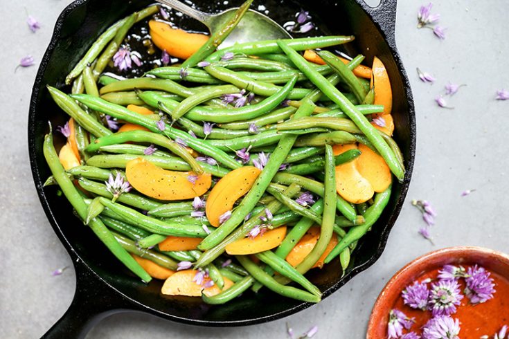 Blistered Green Beans with Apricots and Chive Blossoms