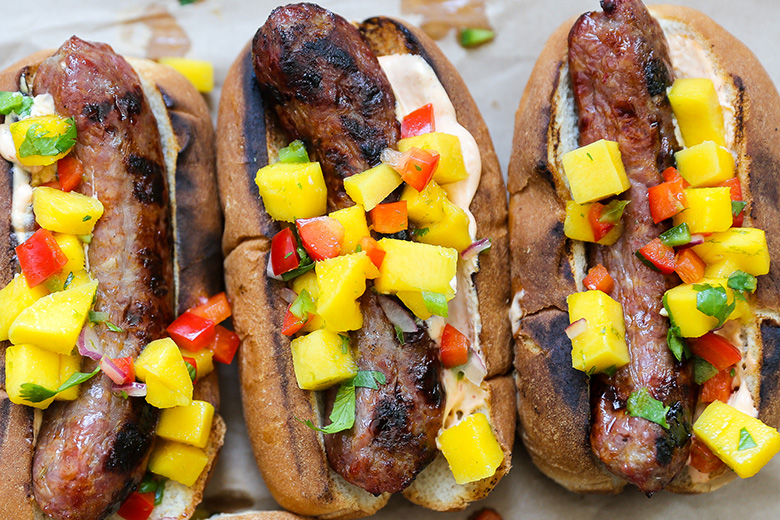 Grilled Sausages with Mango Salsa | www.floatingkitchen.net
