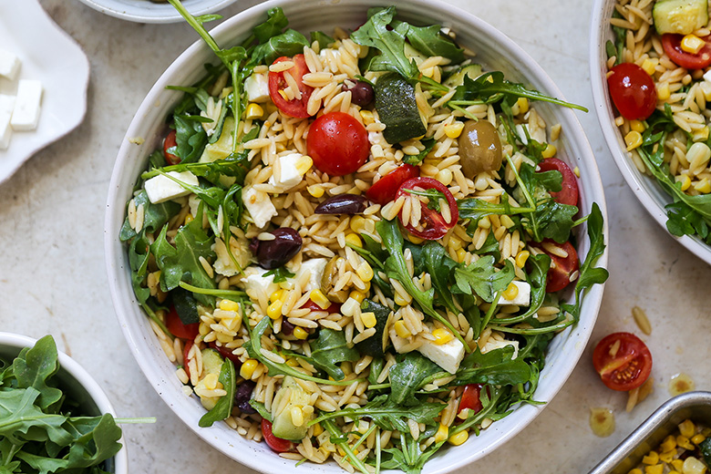 Greek Orzo Salad with Roasted Corn and Zucchini | www.floatingkitchen.net