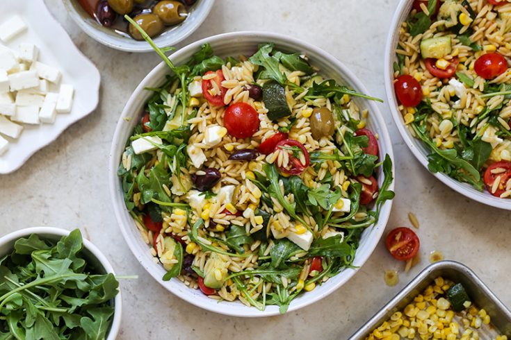 Greek Orzo Salad with Roasted Corn and Zucchini