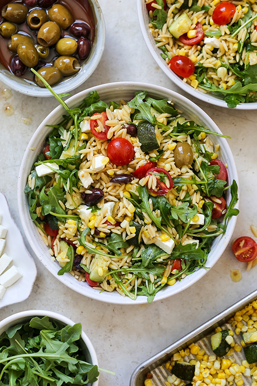 Greek Orzo Salad with Roasted Corn and Zucchini | www.floatingkitchen.net