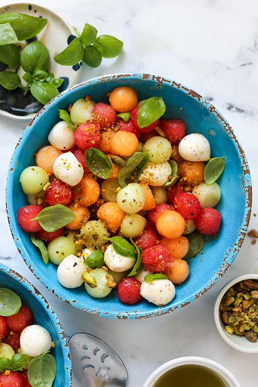 Melon Caprese Salad with Herb Oil | www.floatingkitchen.net