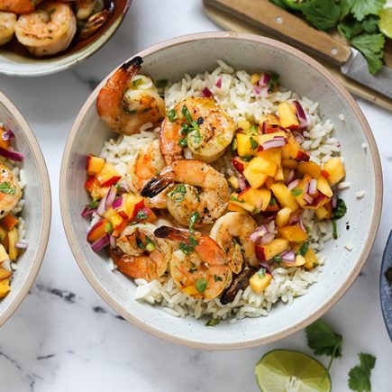 Spicy Grilled Shrimp with Coconut Rice and Peach Salsa | www.floatingkitchen.net