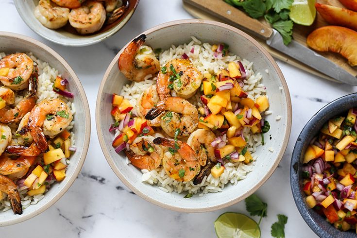 Spicy Grilled Shrimp with Coconut Rice and Peach Salsa