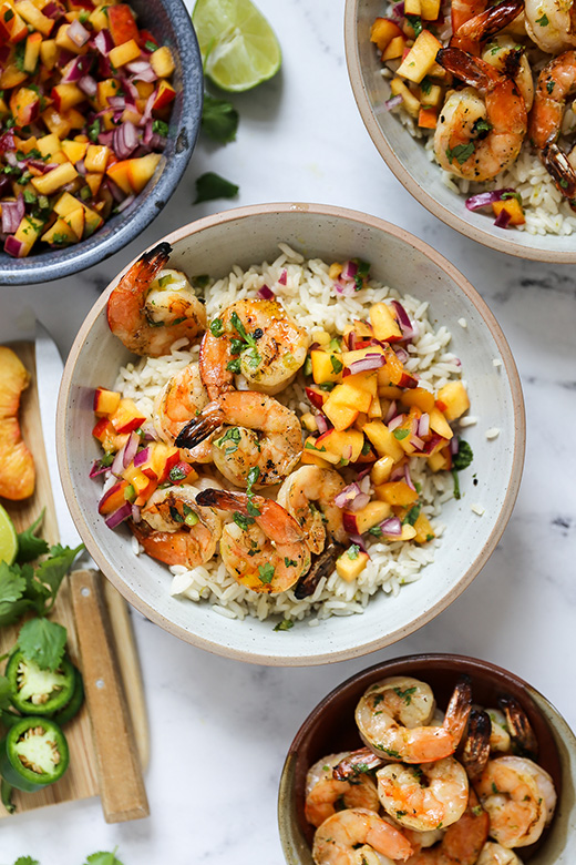 Spicy Grilled Shrimp with Coconut Rice and Peach Salsa | www.floatingkitchen.net