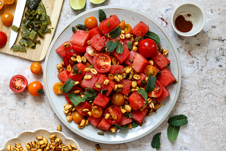 Spicy-Sweet Watermelon and Tomato Salad with Chili Lime Peanuts | www.floatingkitchen.net