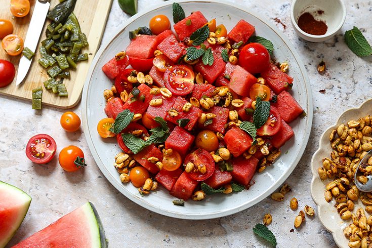 Spicy-Sweet Watermelon and Tomato Salad with Chili Lime Peanuts