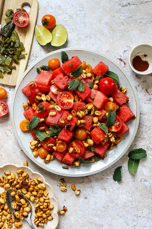 Spicy-Sweet Watermelon and Tomato Salad with Chili Lime Peanuts | www.floatingkitchen.net