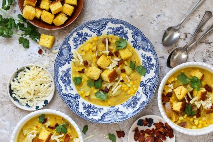 Chipotle Cheddar Corn Chowder with Bacon and Cornbread Croutons | www.floatingkitchen.net