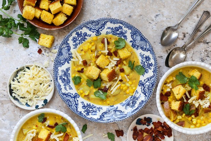 Chipotle Cheddar Corn Chowder with Bacon and Cornbread Croutons