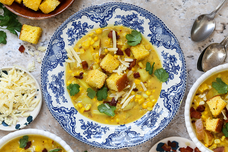 Chipotle Cheddar Corn Chowder with Bacon and Cornbread Croutons | www.floatingkitchen.net