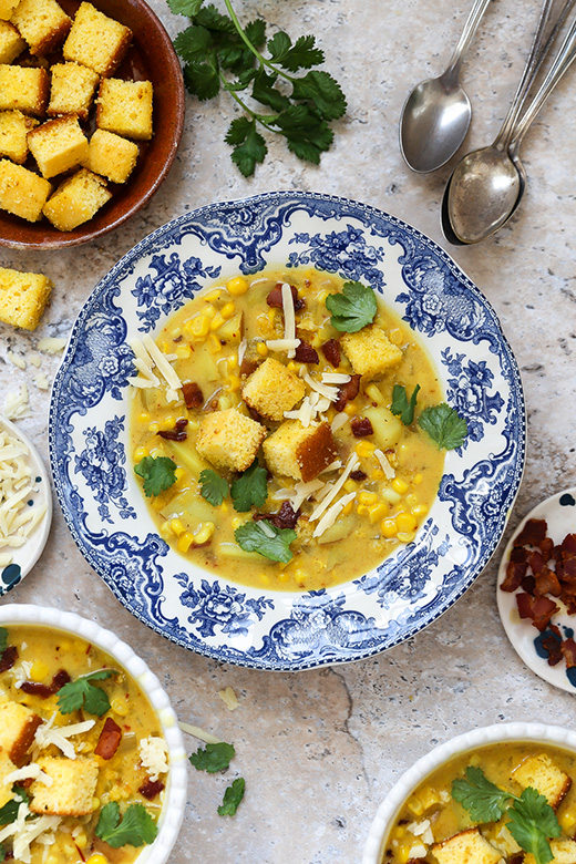 Chipotle Cheddar Corn Chowder with Bacon and Cornbread Croutons | www.floatingkitchen.net