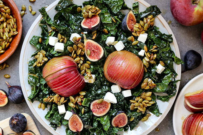 Hasselback Apple and Kale Salad with Figs and Feta | www.floatingkitchen.net