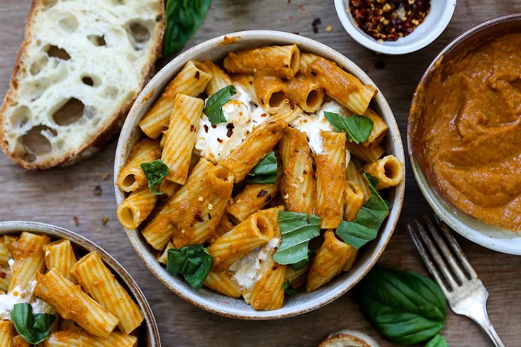 Rigatoni with Roasted Eggplant, Tomato and Red Pepper Sauce