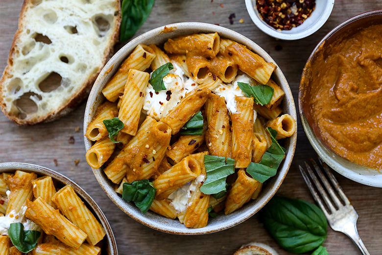 Rigatoni with Roasted Eggplant, Tomato and Red Pepper Sauce | www.floatingkitchen.net