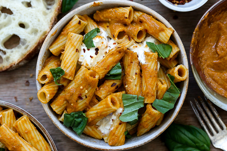 Rigatoni with Roasted Eggplant, Tomato and Red Pepper Sauce | www.floatingkitchen.net