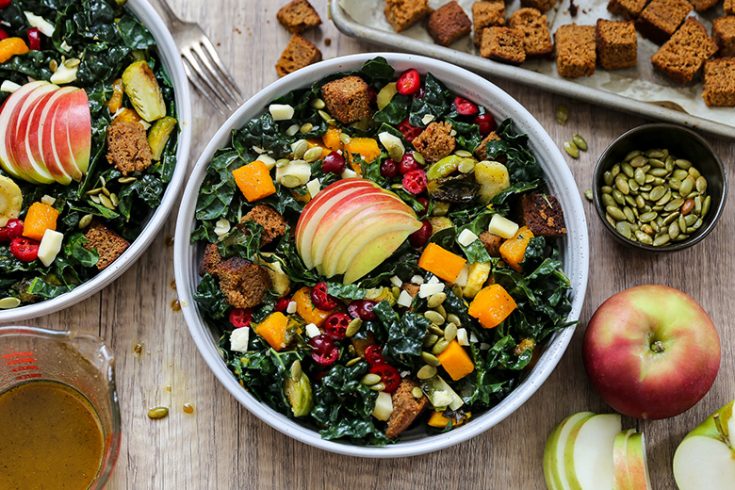 Autumn Kale Salad with Pumpkin Bread Croutons