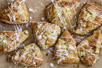 Pear and Ginger Scones with White Chocolate Drizzle | www.floatingkitchen.net