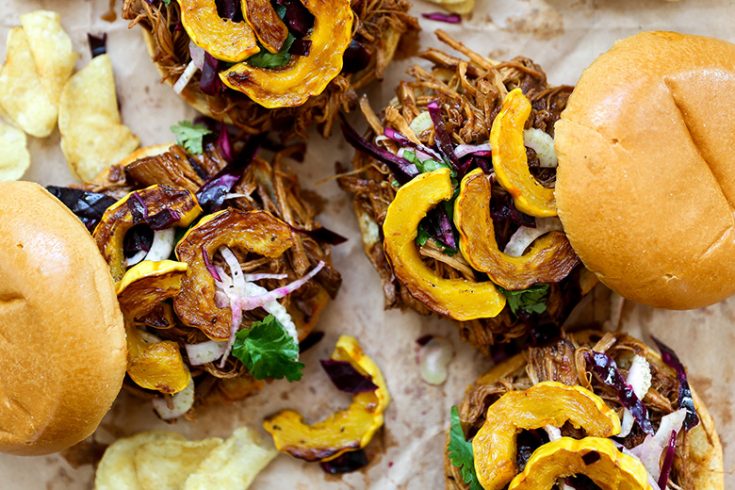 Pomegranate-Barbecue Pulled Pork Sandwiches with Roasted Delicata Squash and Slaw