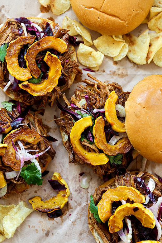 Pomegranate-Barbecue Pulled Pork Sandwiches with Roasted Delicata Squash and Slaw | www.floatingkitchen.net